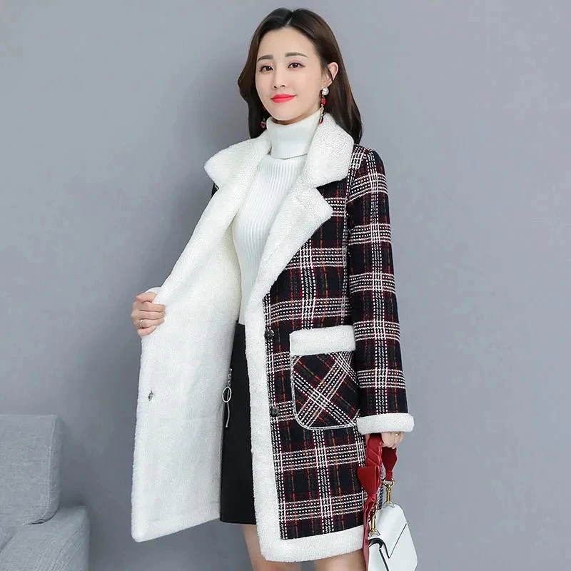 Trend Winter New Women Jacket Faux Lamb Woolen Coat Lattice Thicken Plus Velvet Mid Long Female Cloth Overcoat Warm Cotton Jacke colorful knitted full finger gloves women winter warm solid woolen mittens velvet thicken cycling driving touchscreen glove