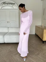 Hirsionsan Spring Autumn O-Neck Elastic Knit Long Dresses Women 2024 Elegant Chic Soft Lady Hollowing Sweater Dresses Femme New 1