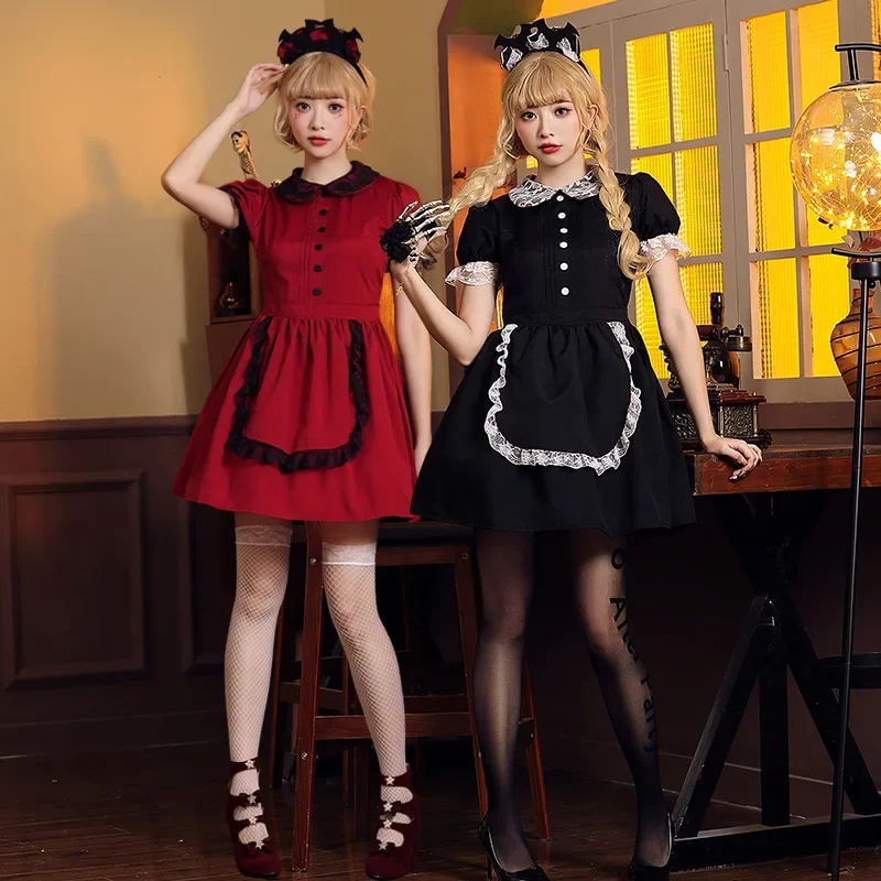 

Halloween Evil Castle Maid Cosplay Dress Spice Girls Red & Black Lace Slim Princess Dress for Women Cute Lolita Outfit Headgear