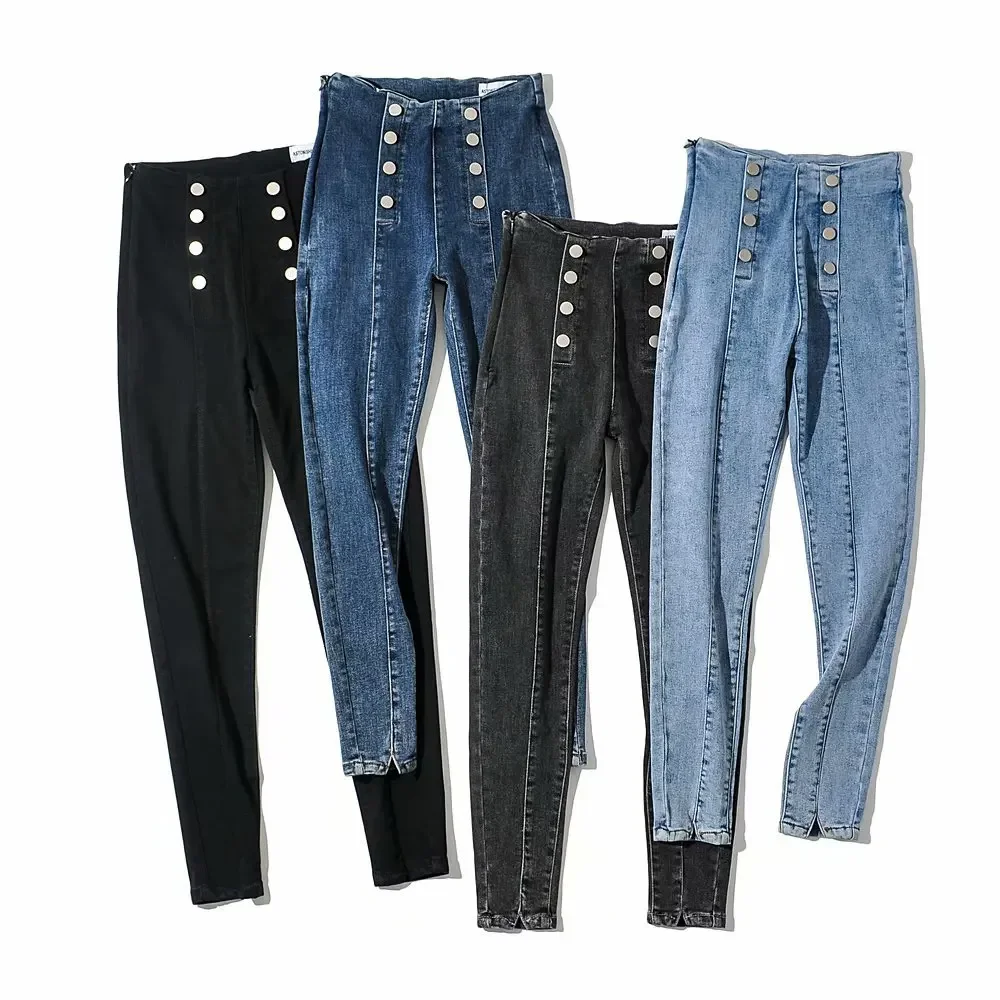 High Waist Double Breasted Elastic All-match Pencil Jeans Korean Fashion 2024 Grande Taille Denim Trousers Streetwear Long Pants