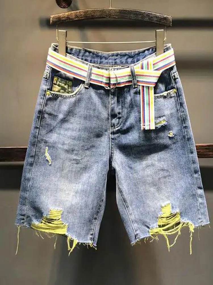 

Fashion Jeans Women's High Waist Summer New Loose Broken Contrast Color Wide Leg Ragged Short Denim Streetwear Straight Pants
