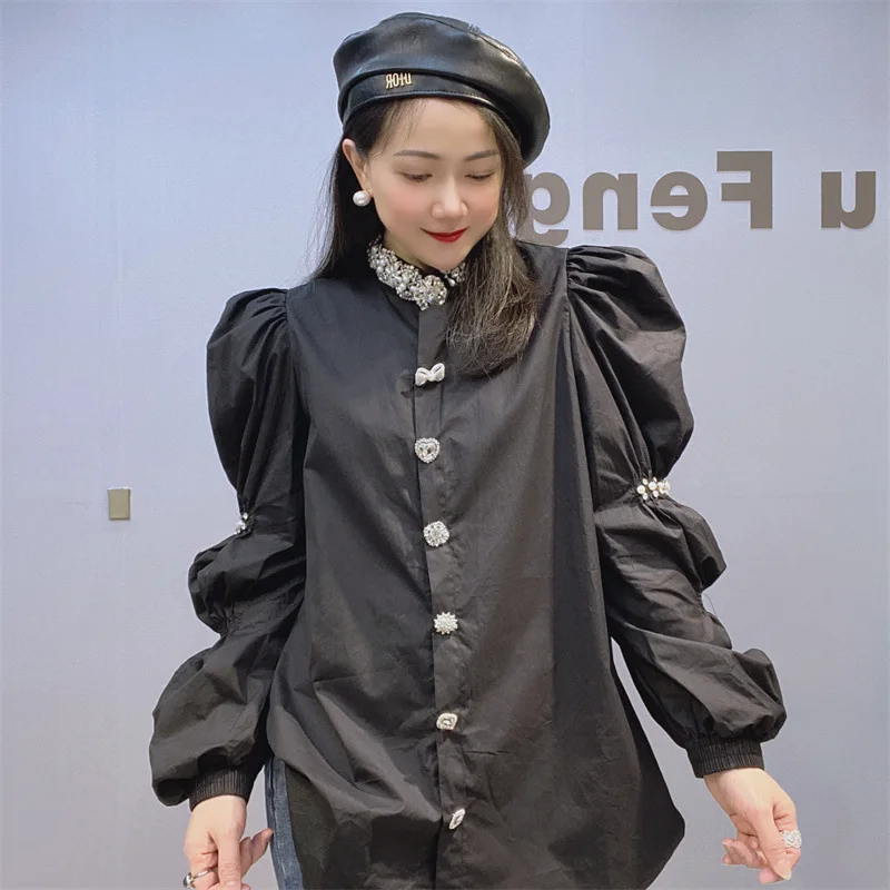 Spring Summer New Diamond Long Sleeved Top Stand Up Neck Design Bubble Sleeves Loose Shirt Women Casual Cardigan Tops