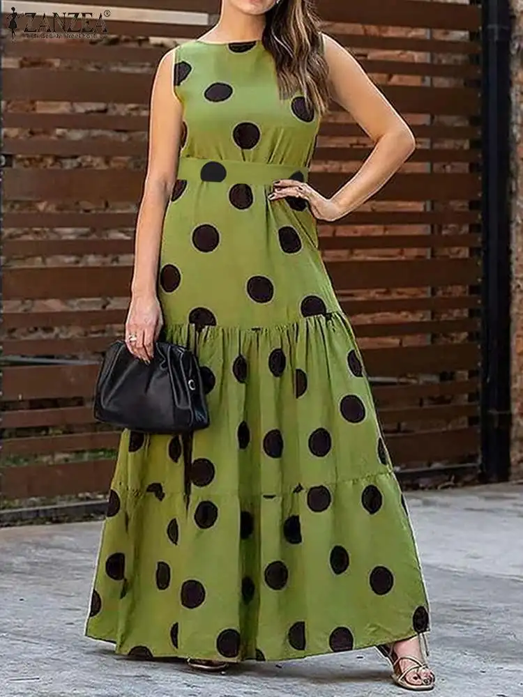 

ZANZEA Fashion Belted Robe Polka Dot Maxi Dress Women 2023 Summer Sleevelesss Holiday Vestidos Casual Pleated Tiered Beach Dress