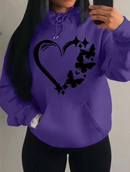 Love & Butterfly Pattern Women's Vintage Multicolor Hoodie with Pocket - Trendy Streetwear - XXL (Purple)