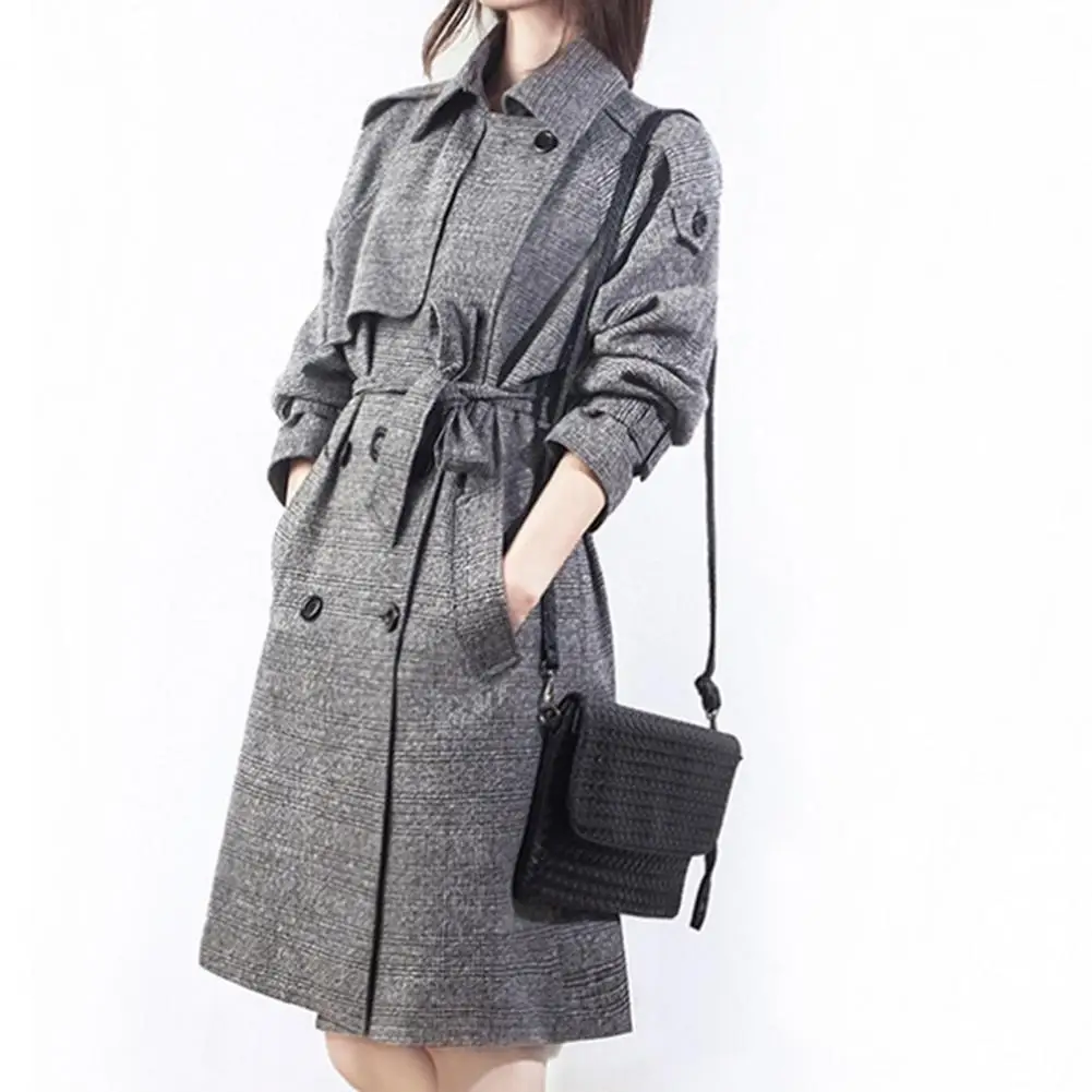 

Slim Fit Coat Chic Plaid Print Women's Woolen Coat Double Breasted Mid-length Belted for Autumn Winter Outwear Fashion Plaid