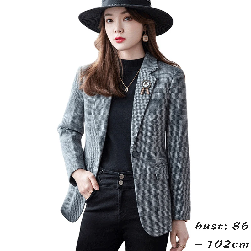 High quality blazer for women plaid jacket wool blend single breasted spring 2024 elegant fashion clothes - grey brown