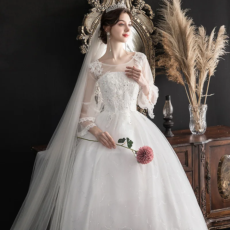 

YC-S07#Wedding Dress Embroidered Lace Net New Bride Dresses Lace Up Ball Gown O-Neck Party Prom Flared sleeves Free shipping gir