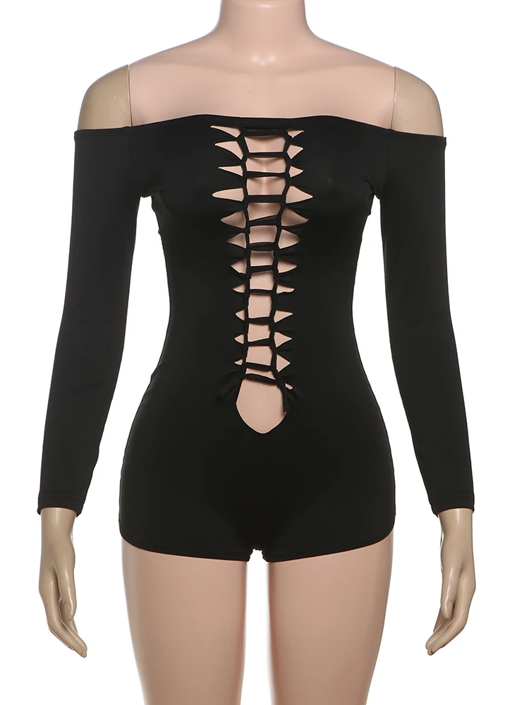 Nibber Hottie Hollow Knot Playsuit Women Slash Neck Summer Trend Sexy Exposed Coquette Skinny Midnight Club Party Stretch Romper