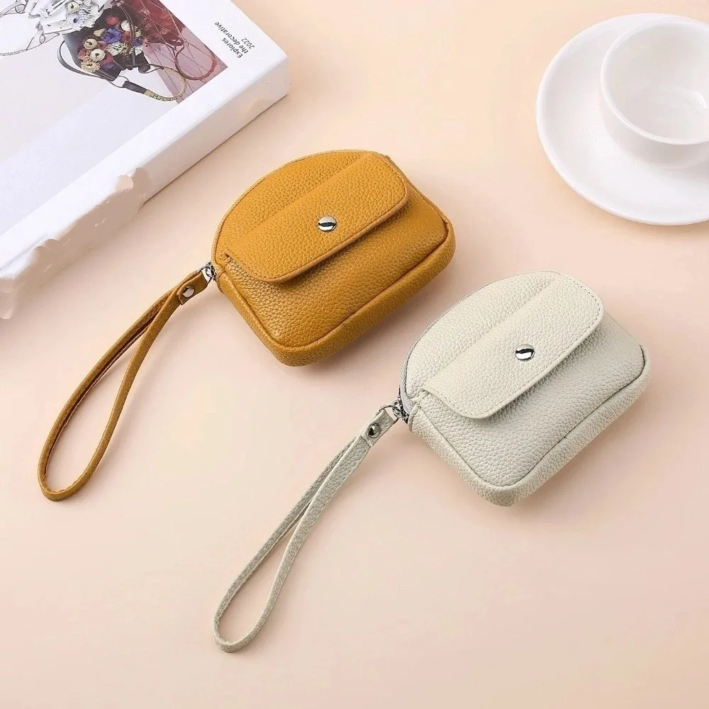 New PU Leather Coin Purse Solid Color Handheld Key Ring Wallet Zipper Closure Wrist Lanyard Credit Card Holder