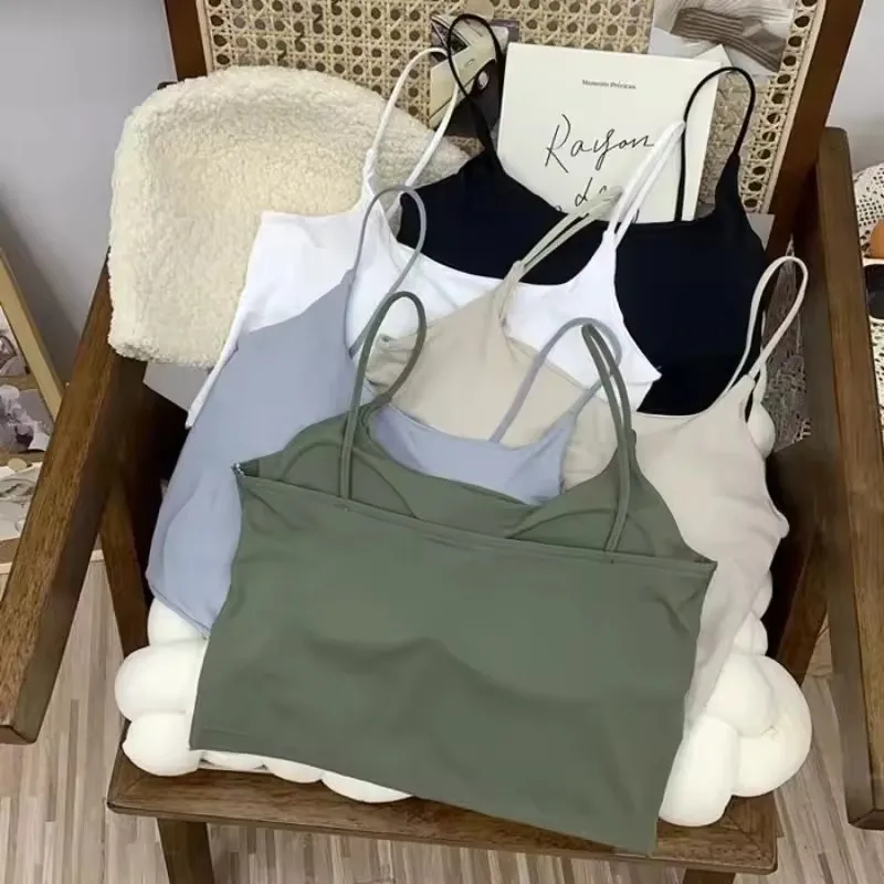 Women Camisole Seamless Ice Silk Padded Crop Tank Top Summer Yoga Workout Running Fitness Lounge Sleepwear