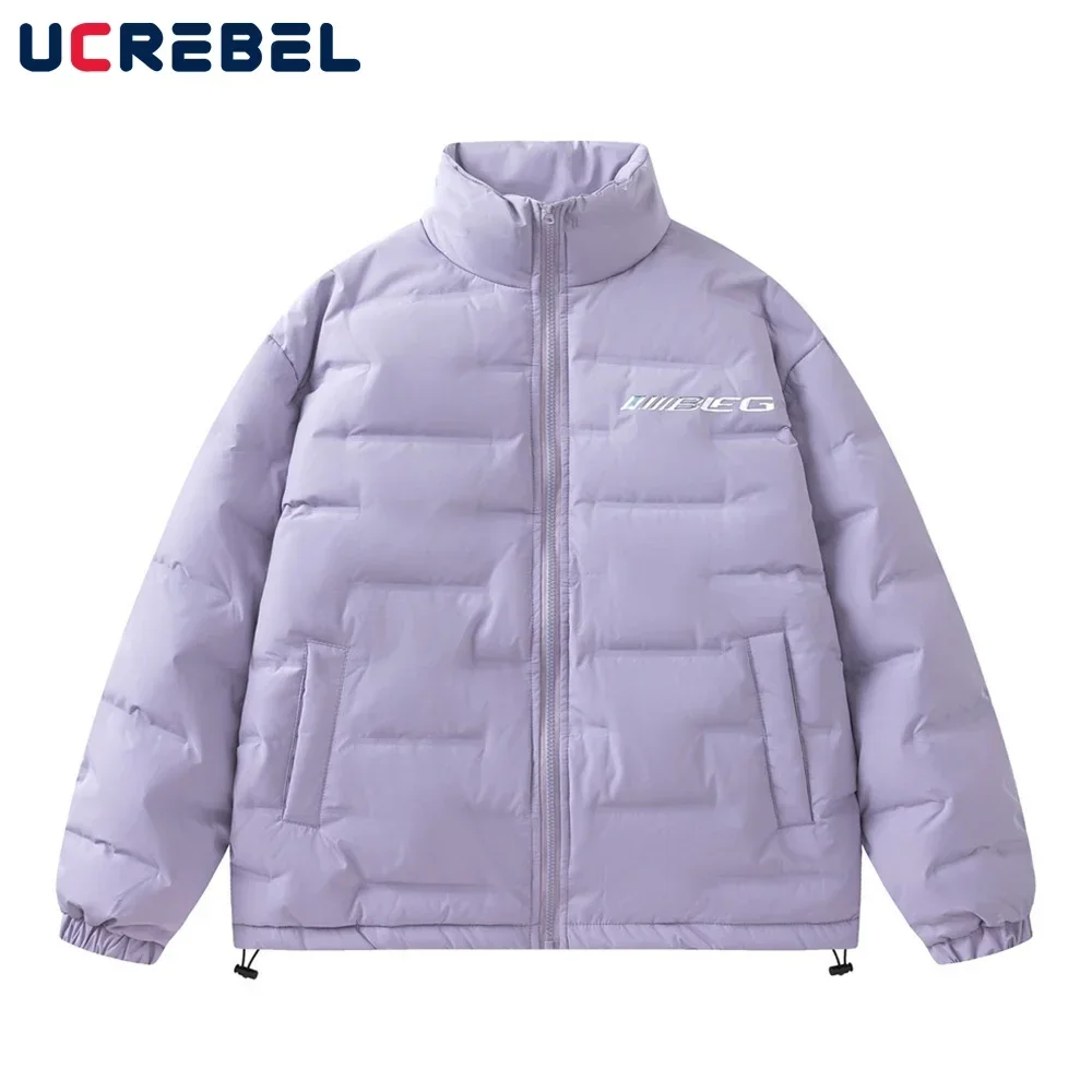 

Letter Print Padded Jacket Mens Winter Streetwear Loose Drawstring Hem Thick Long Sleeve Stand collar Quilted Jacket Men