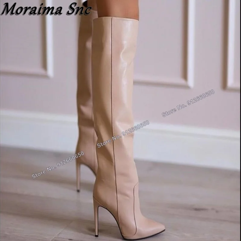 

Moraima Snc Solid Pointed Toe Slip on Boots for Women Knee High Boots Stilettos High Heels Fashion Runway Shoes on Heels