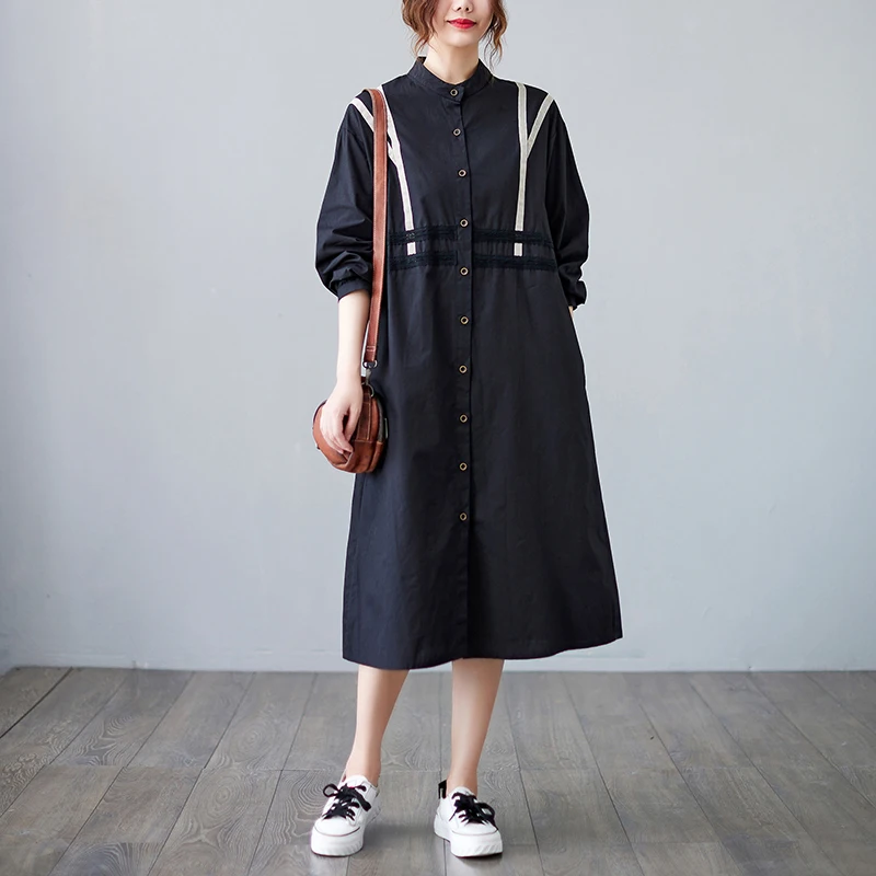 

2023 New Arrival Japanese Korea Style Patchwork Lace Striped Vintage Autumn Blouse Dress Fashion Women Casual Spring Black Dress