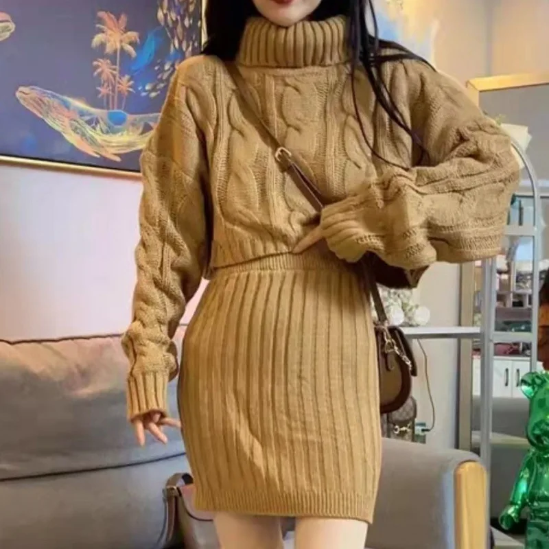 

Set Female Retro Large Size 2023 Autumn Spring Fashion Turtleneck Twist Knit Sweater Female Hip Half Skirt Tide Hot