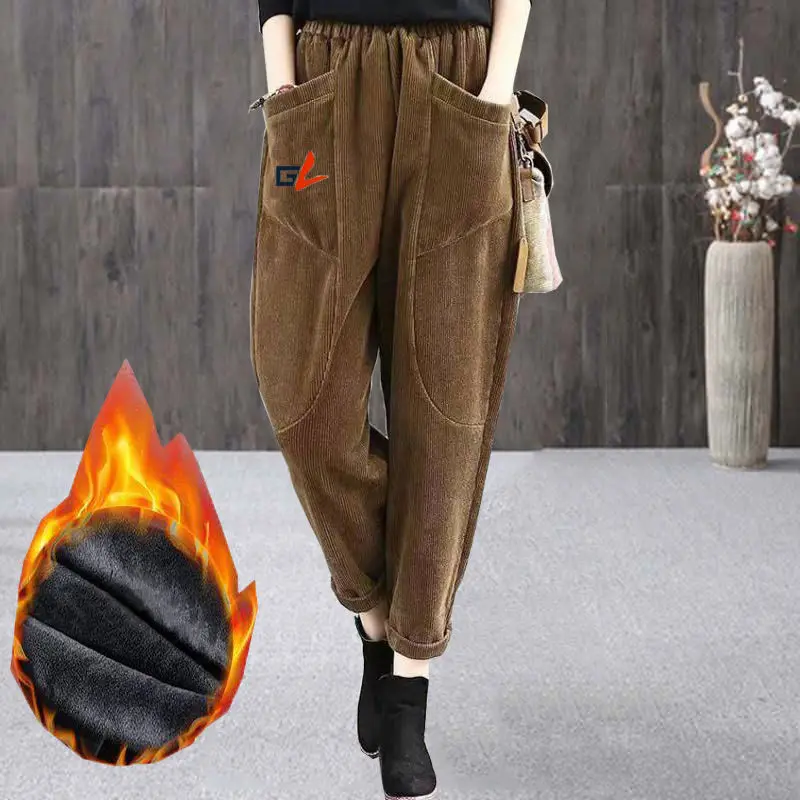 Women Corduroy Plus Velvet Harem Pants Autumn Winter High Waist Baggy Trousers Fleece Lined Oversized Straight Vintage Trousers warm winter plush velvet lined harem pants casual thicken women high waist pantalone korean snow wear green spodnie new