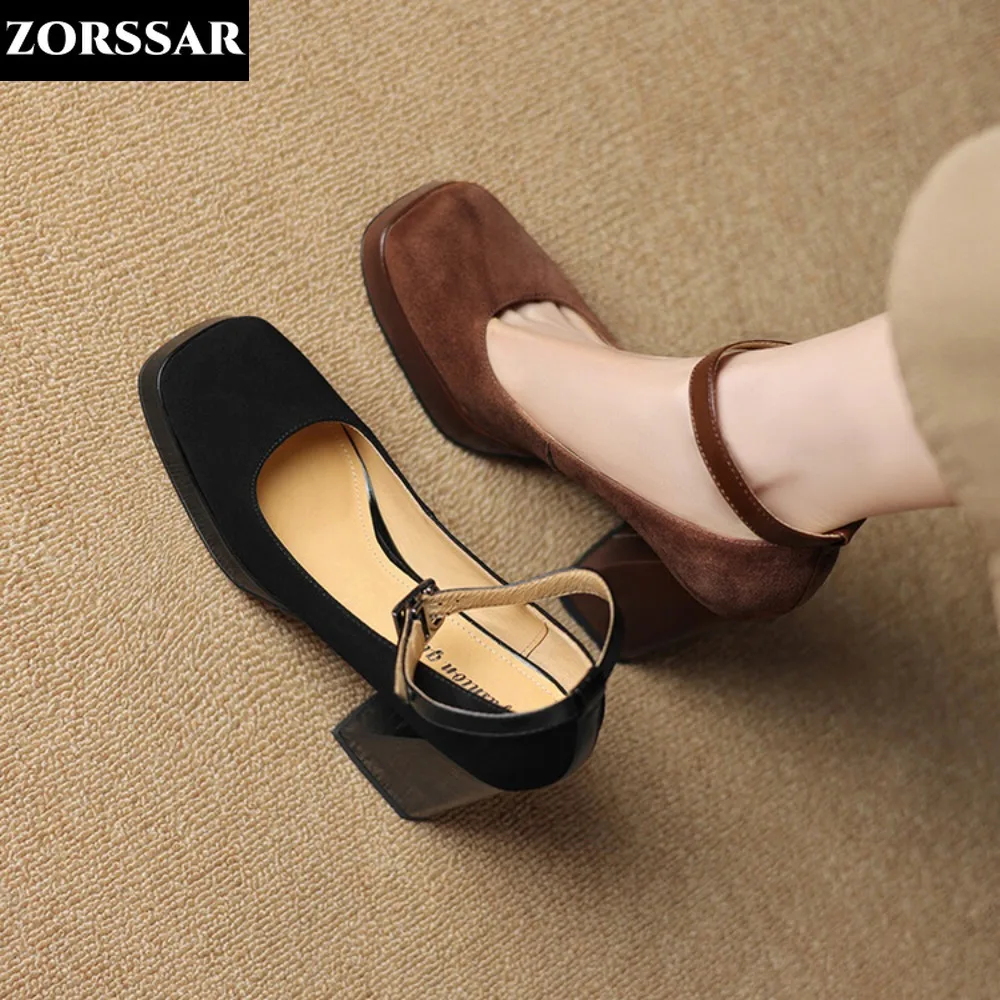 

2024 New Platform Square Toe Pumps Women Shoes 10cm Chunky Heels Brown Black Kid Suede Mary Jane Pumps Plus Big Size 33-41
