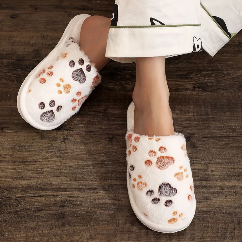 Cute Printed Cotton Slippers for Women Fluffy Soft Sole Indoor House Slipppers Woman 2025 Autumn Winter Closed Toe Plush Slides