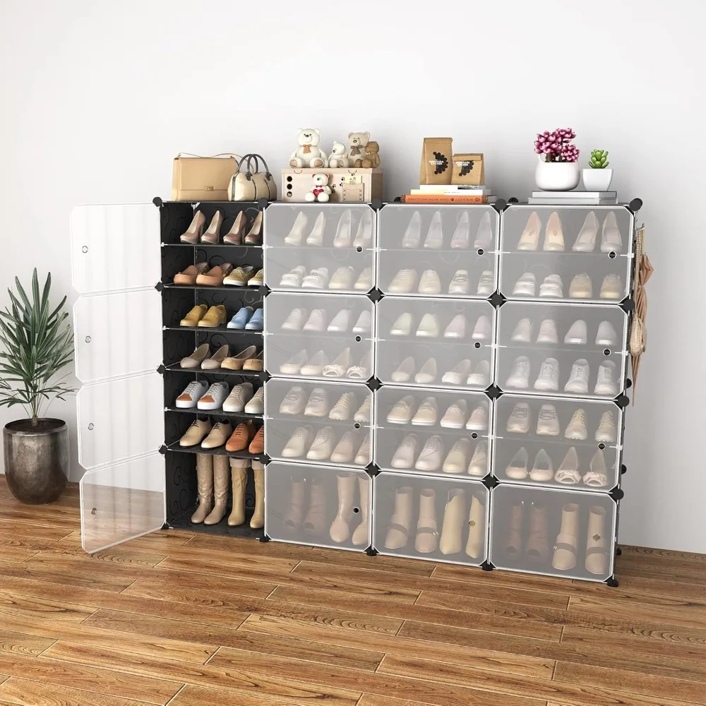 portable shoe rack with door, 64 pairs cabinet easy assembly, plastic adjustable shoe storage organizer stackable detachable fre