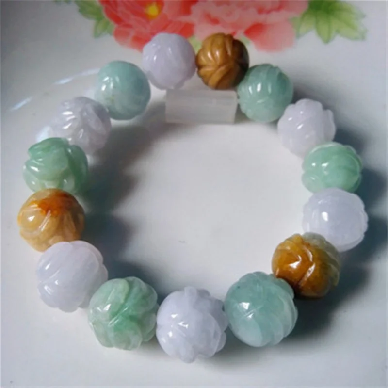 

Factory Direct Sales Natural Myanmar Hand-Woven Jade round Tri-Color Lotus Beads Bracelet