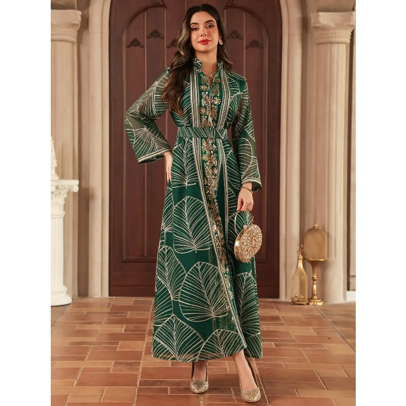 جلابية أوراق بنقش ذهبي فاخر بحزام