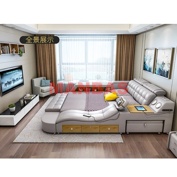 King/Queen Size Tech Smart Bed Ultimate Camas Multifunctional TATAMI Massage Beds Genuine Leather Upholstered Bed with Audio