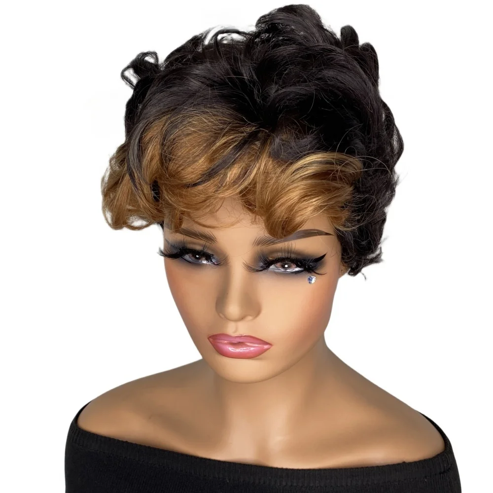 Short Black Wig with Mixed Brown Bangs Natural Short Haircuts for Women Synthetic Short Wigs for Black Women