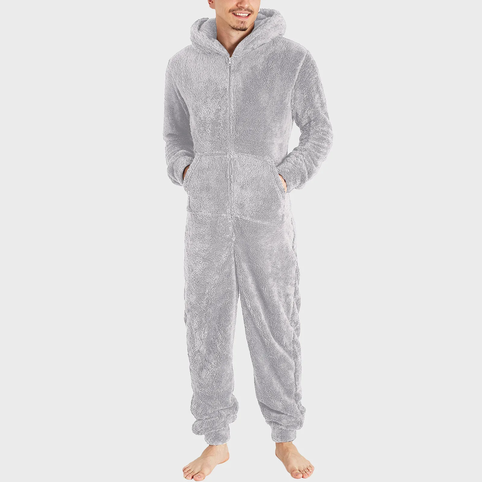 Mens Fluffy Jumpsuit Pajama Autumn Winter Fleece Thermal Solid Color Hooded Onesies Loose Zipper Soft Sleepwear Overalls Male