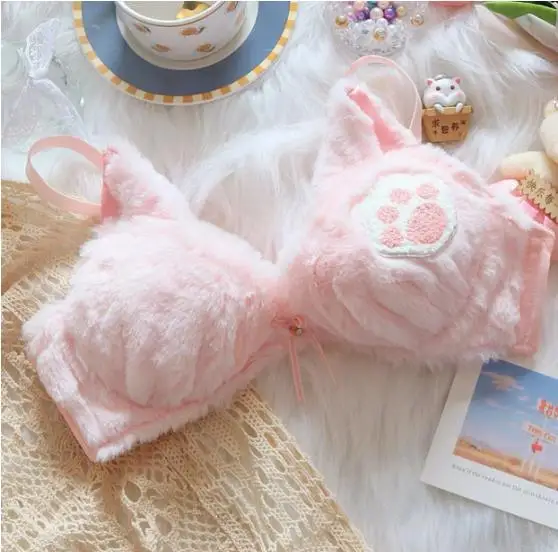 Girls' plush lolita brassiere Japanese cute no steel ring gathered bra suit comfortable and warm kawaii girl bra underwear large