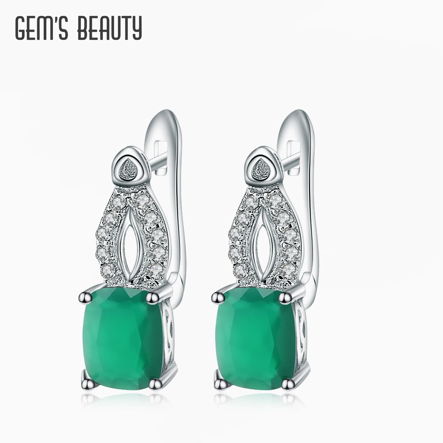 

GEM'S BEAUTY 925 Sterling Silver Earring For Women Simple Classic Fashion Natural Rectangle Green Agate Handmade Earring