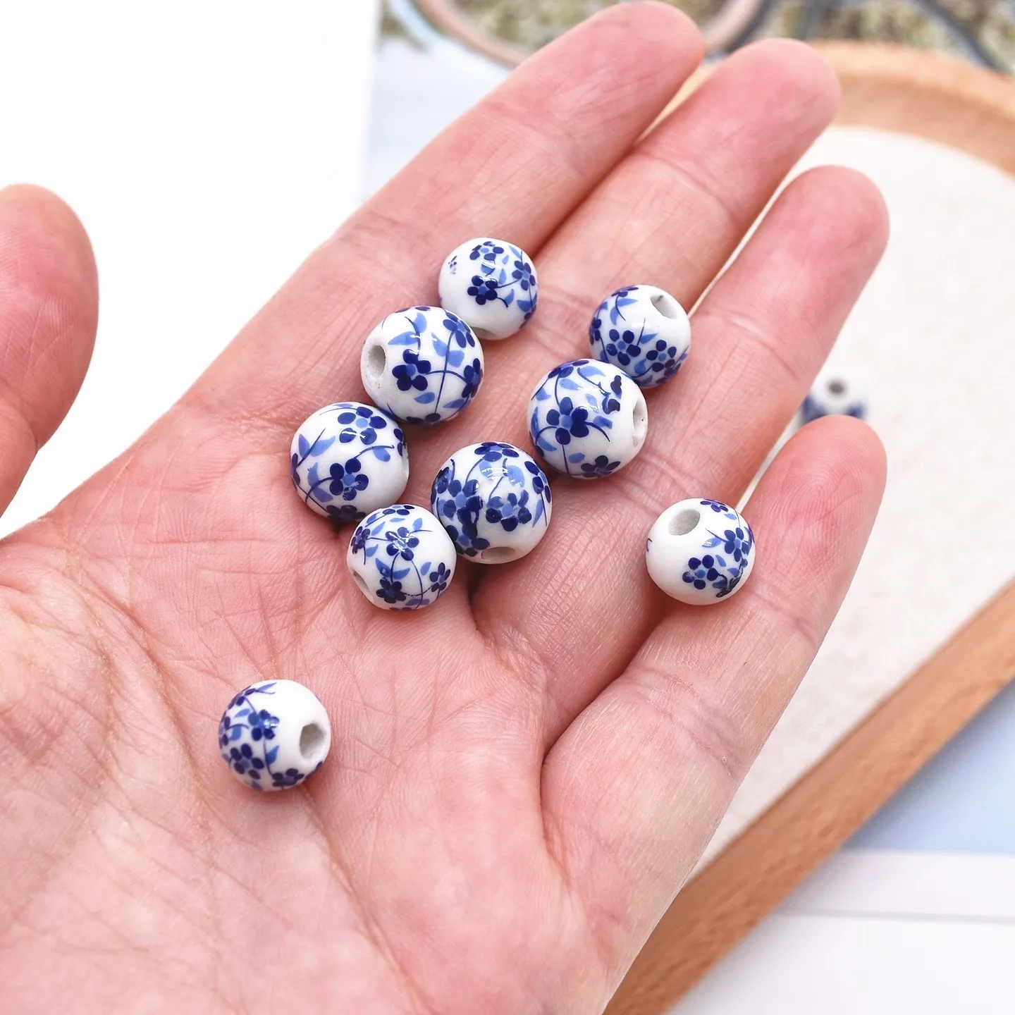 Blue Flower Patterned Ceramic Beads for DIY Jewelry - Set of 10