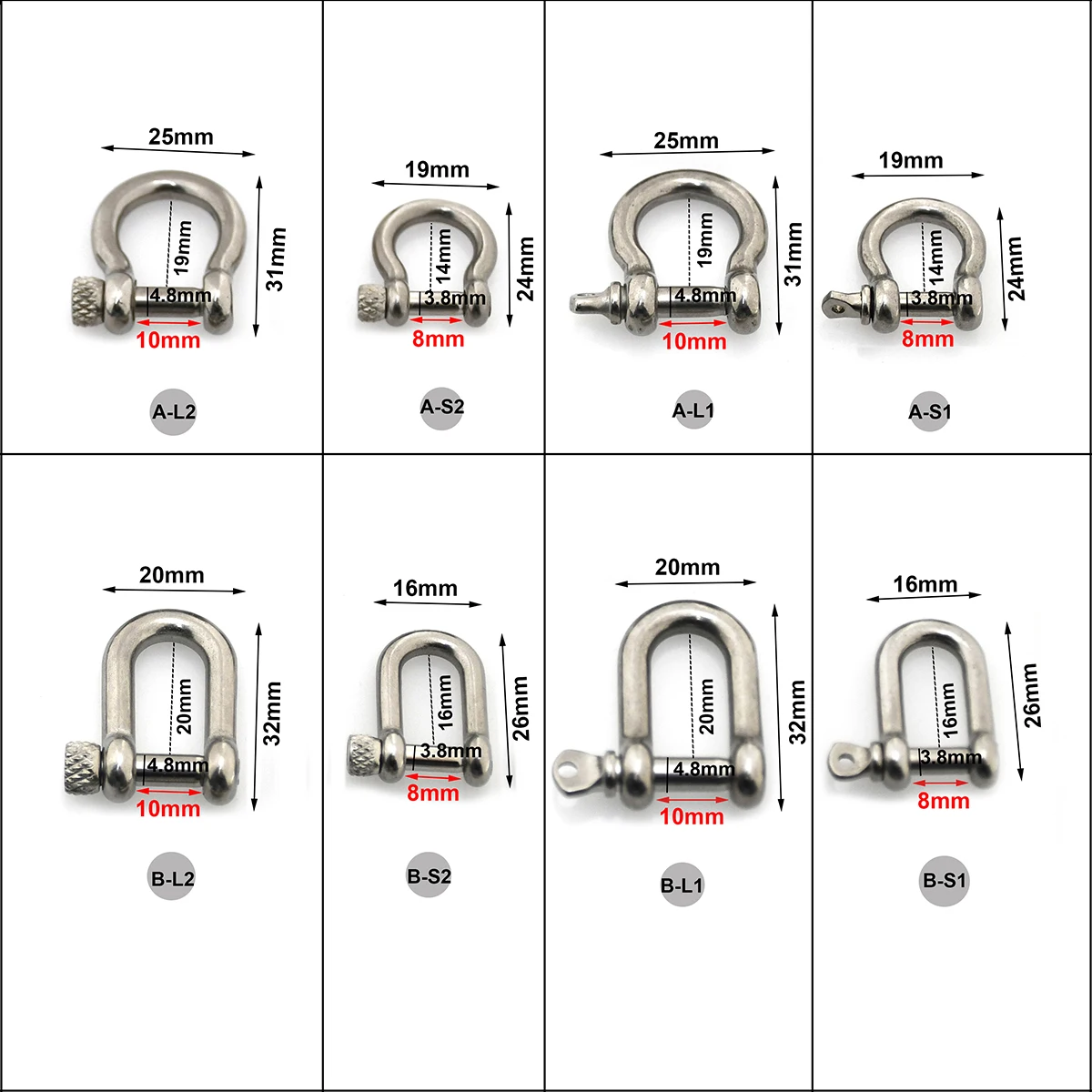 Stainless Steel Carabiner D Bow Shackle Fob Key Ring Keychain Hook Screw Joint Connector Buckle Solid Metal 1 pcs 2 Size