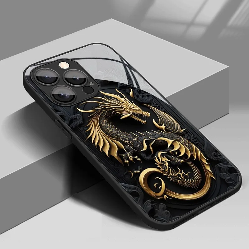 Golden Dragon Pattern Luxury Phone Case with Glass Finish