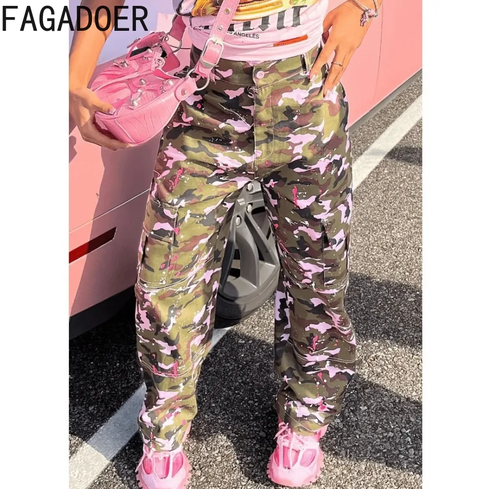 

FAGADOER Fashion Y2K Pink Camouflage Printing Straight Pants Women High Waisted Button Pocket Trousers Casual Sporty Bottoms New