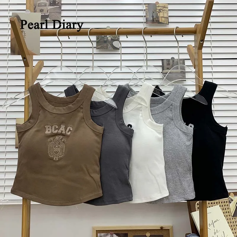 

Pearl Diary New Embroidery Letter Knitted Short Tank Tops With Bra Pad Crop Top Woman Y2K Streetwear Fashion Sleeveless Camisol