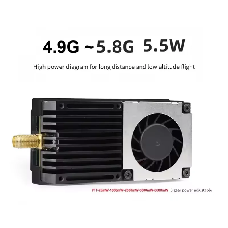 VTX 5.8G 5.5W haute puissance réglable pour FPV drone longue portée installé sur un drone avec ventilateur de refroidissement