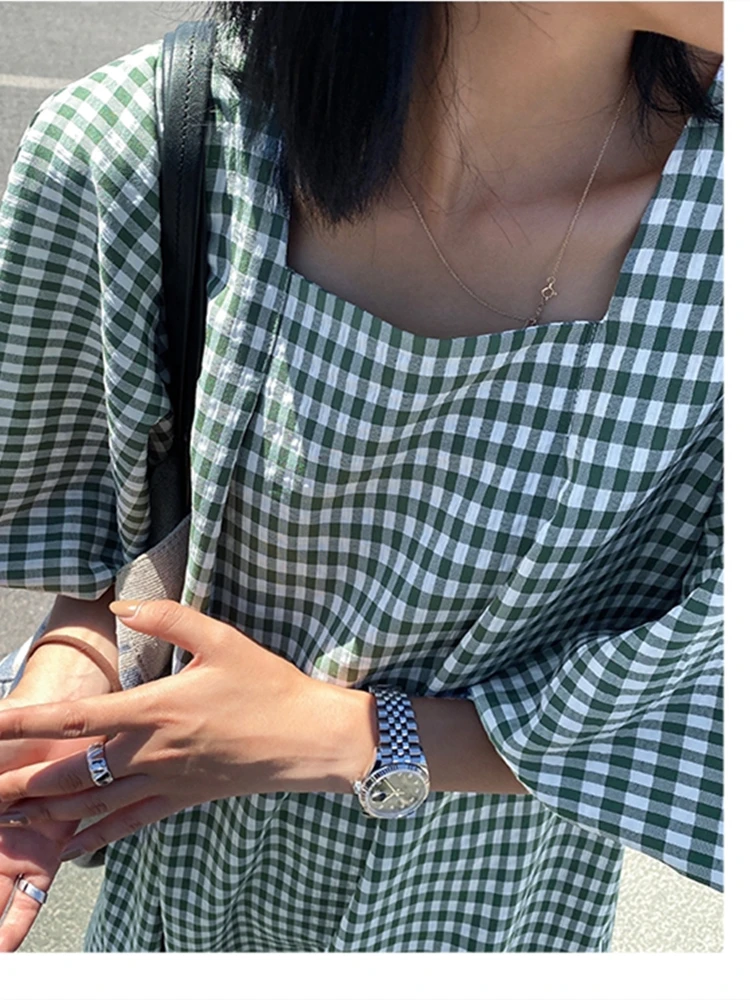 Fashion Square Neck Plaid Puff Sleeve Loose Casual Dress Summer Women Korean Ladies Chic 2023 New Dresses Elegant Woman Dress images - 6