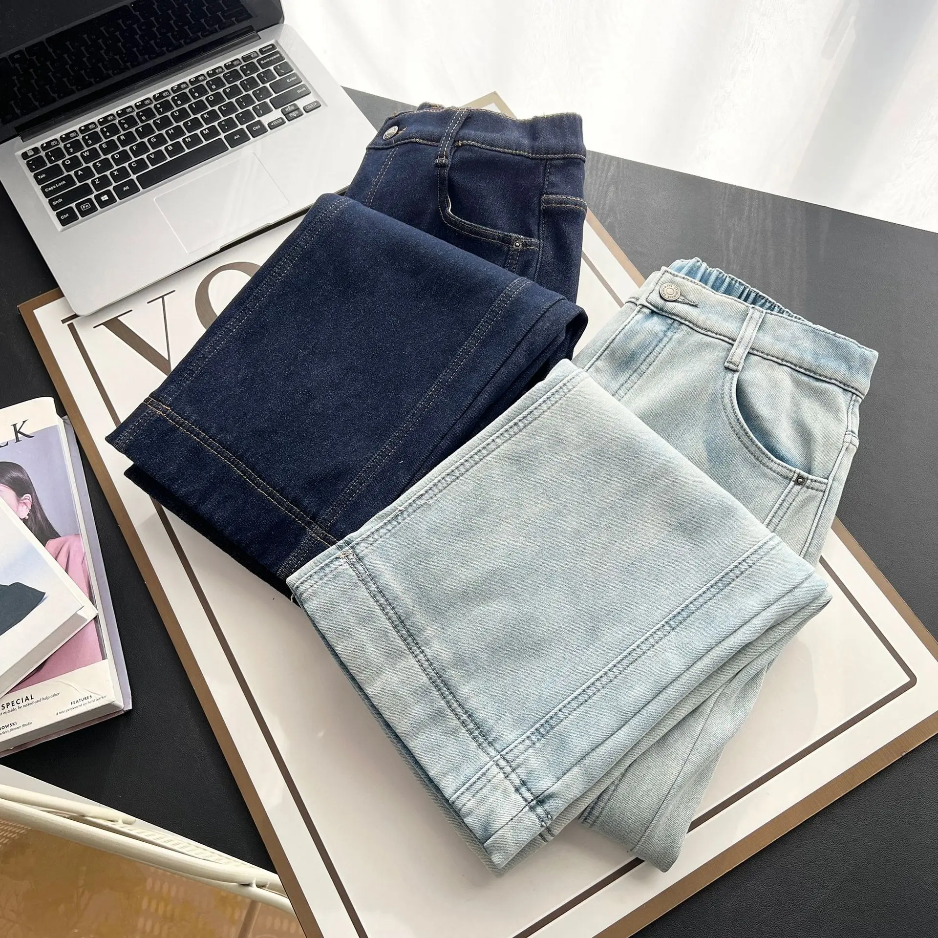 XXXXL Fashion Plus Size Women's Jeans Winter Style three-dimensional Cut Fleece Warm Denim Straight Leg Full Length Pants 6556