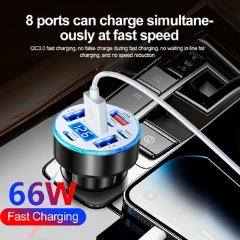 Caricabatterie per auto da 66W con 8 porte, display digitale a LED, 4 USB + 4 Type-C, ricarica rapida per iPhone, Samsung, Xiaomi
