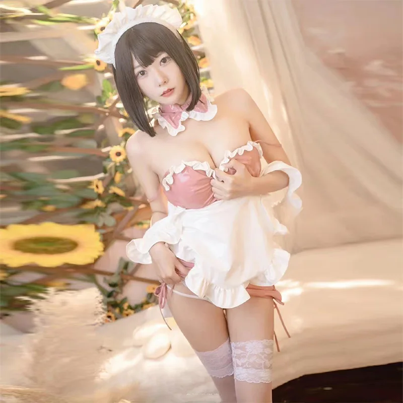 

Lolita Girl Pink Leather Maid Uniform Women Anime Coffee Outfits Cute Cosplay Costumes Party Halloween Dress Role Play Underwear