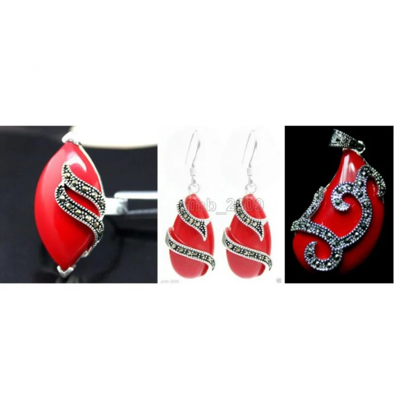 

Ensemble de boucles d'oreilles et bijoux en argent Sterling 925, bague Unique sculptée en Marcasite et laque rouge (#7-10),