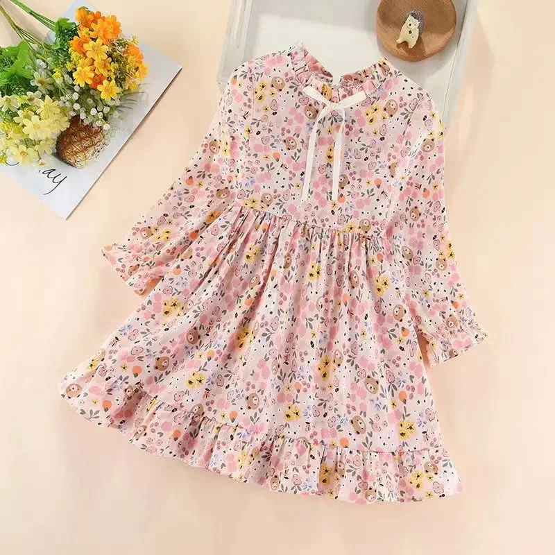 

Cotton Baby Girls Dress 2024 Spring Autumn Long Sleeve Printed Flower Dresses For Girls Princess Kids Costumes 3 5 6 7 8 Year