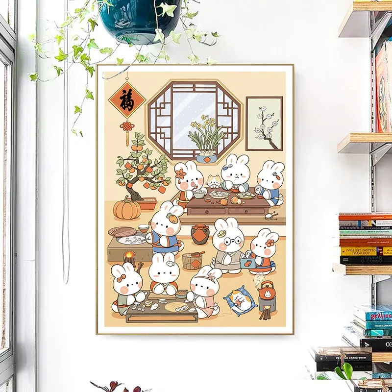 Happy Family Rabbit Painting Printed Canvas DIY Cross Stitch Complete Kits Embroidery Set Cotton Thread Needlework Home Decor