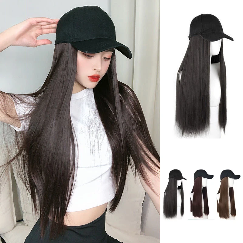 Fashion Black Baseball Cap With Wig One Piece Women Summer Synthetic Long Straight Hair Adjustable Hat Wig