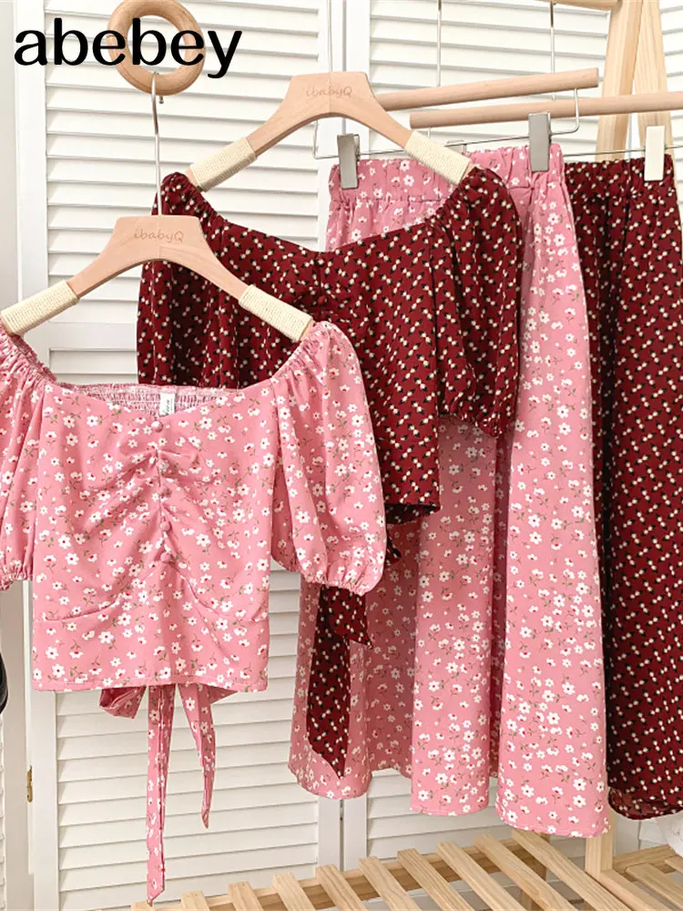 

Fashion Square collar puff sleeve floral single breasted short Top + high waist mid-length Skirt 2-pieces set 2023 New Summer