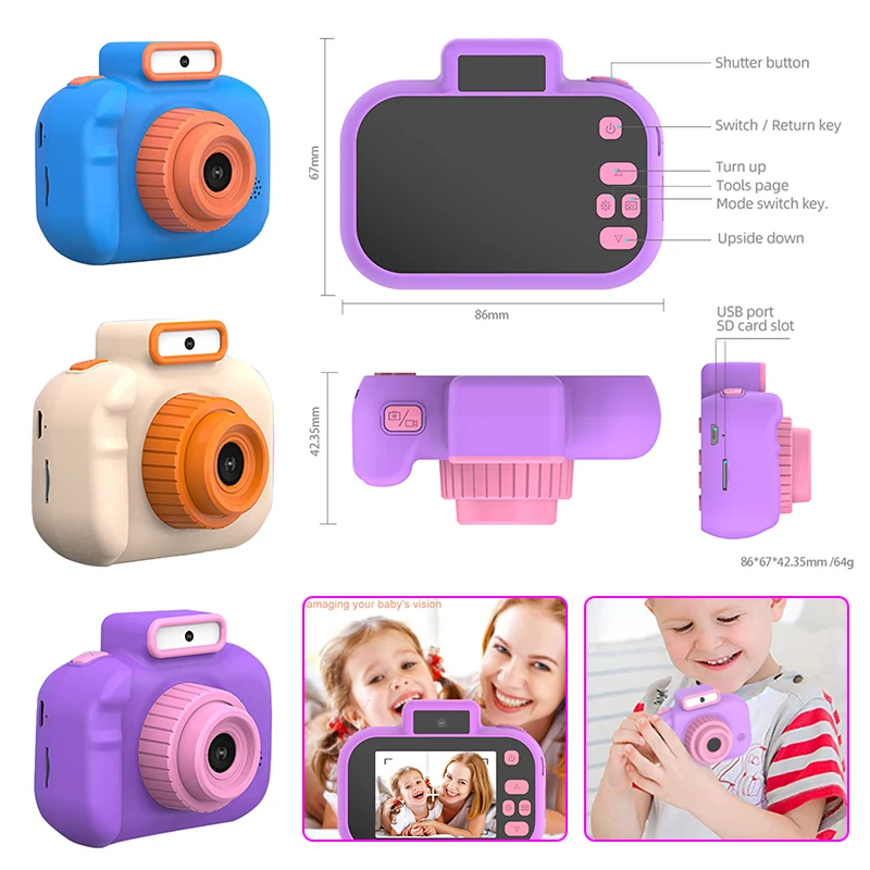 Cartoon Child Camera Educational 2 Inch HD IPS Screen Digital Camera Birthday Gift Kids Digital USB Charging with Lanyard