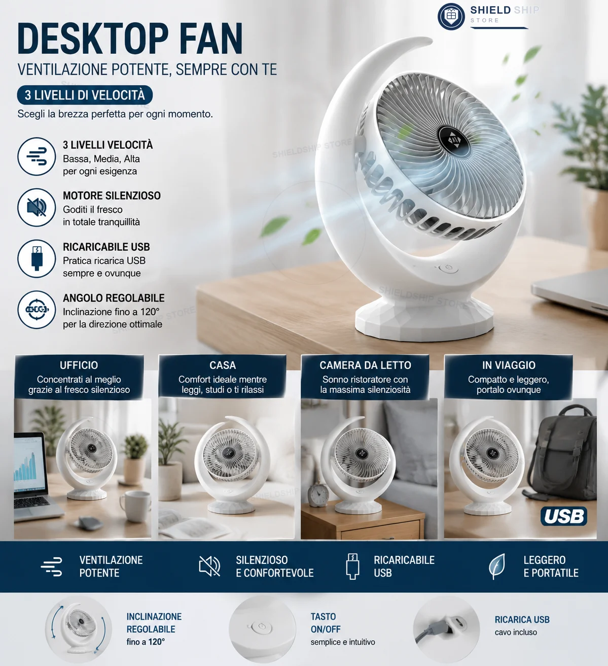Ventilateur de table portable rechargeable par USB, mini ventilateur de bureau, 3 vitesses, silencieux, avec longue autonomie de batterie, pour bureau, maison, chambre à coucher 1