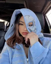  Womens Y2k Fashion Hoodie Skull Rhinestone Zip Up Hoodie grunge Women's Oversized Sweatshirt Punk Harajuku Long Sleeve Outerwear 