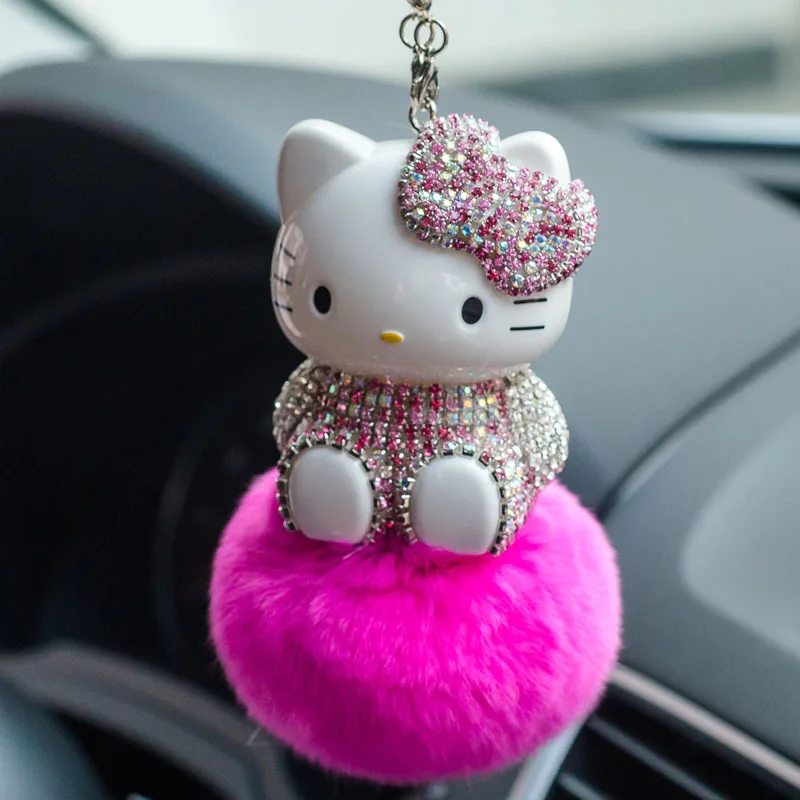 Kawaii Hello Kittys Plush Car Pendant Anime Kt Cat Hairball Diamond Ornaments Rear View Mirror Pendant Car Decor Accessories