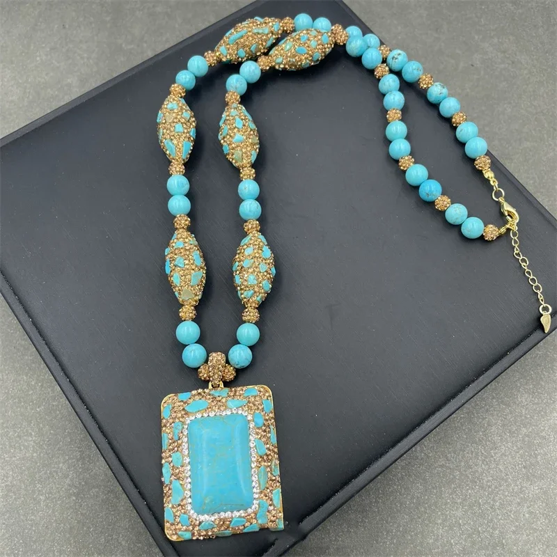 Elegant Blue Turquoise Gemstone Jewelry Set with Rhinestone Accents