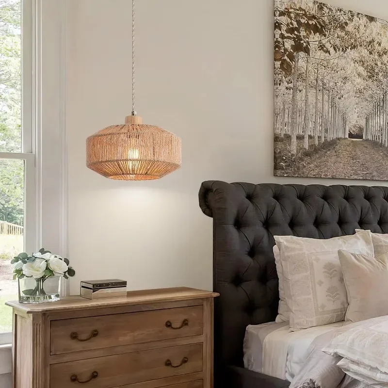 Popular Woven Plug in Pendant Light with Handmade Hemp Rope Shade Dimmable Switch Natural Basket Hanging Lamp Eco Friendly Lamp